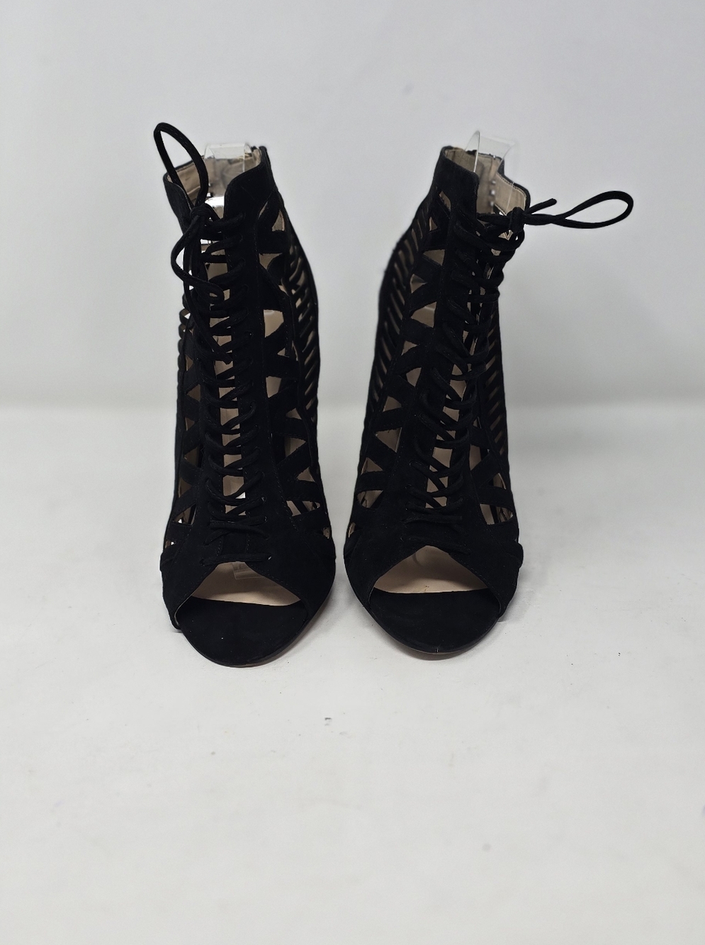 Nine West women 9 black lace up cutout peep toe suede heels, dark fairy, gothic - Picture 3 of 9